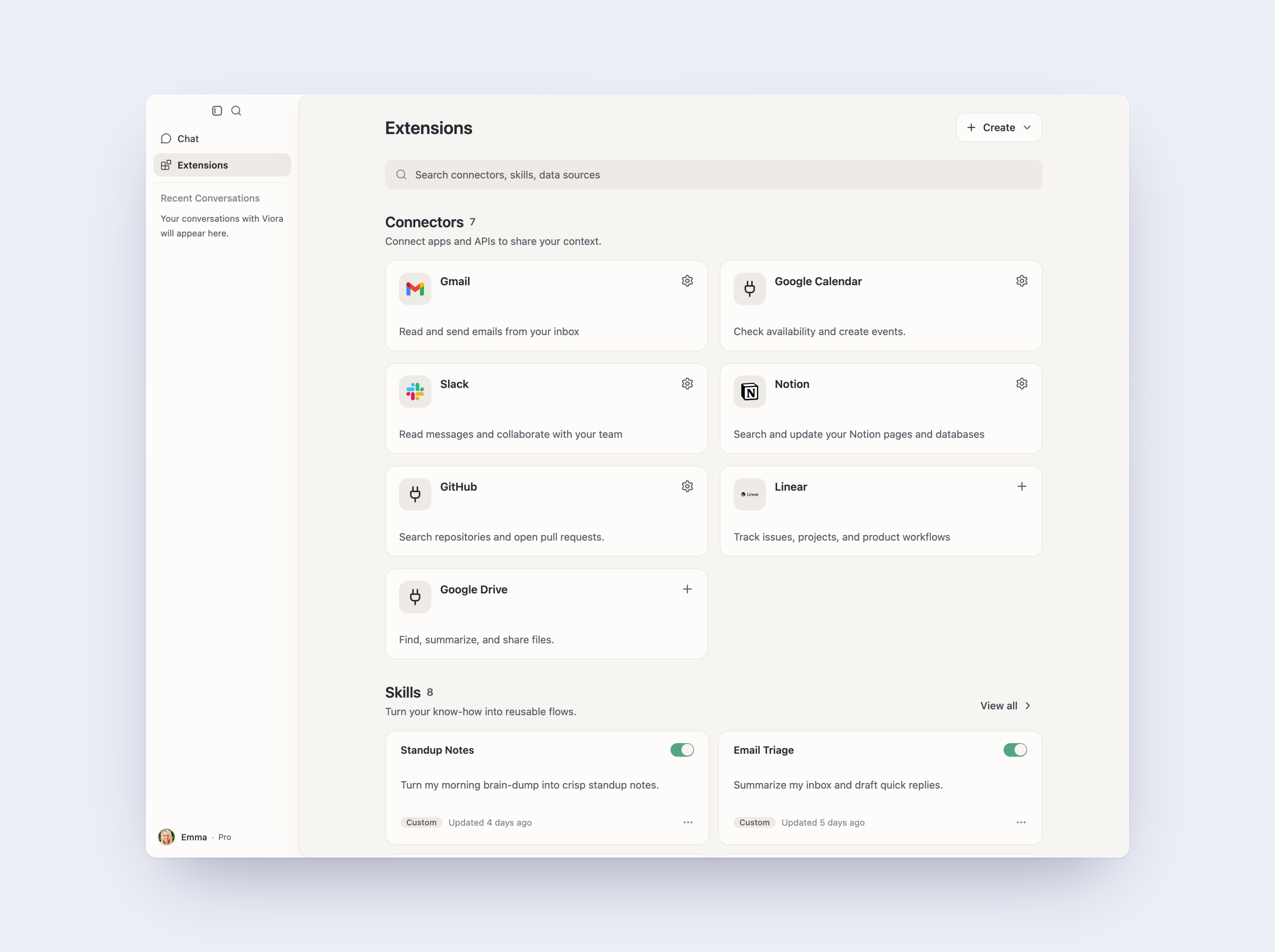 Viora Extensions page showing connected apps and skills